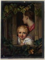 Kind und Mädchen in einem weinumrankten Fenster, Studie