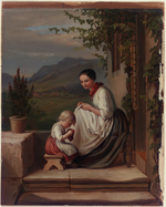 Nähende Frau mit ihrem Kind vor der Haustür, Studie