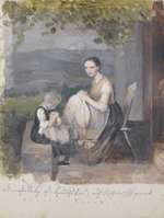 Nähende Frau mit ihrem Kind vor der Haustür, Skizze